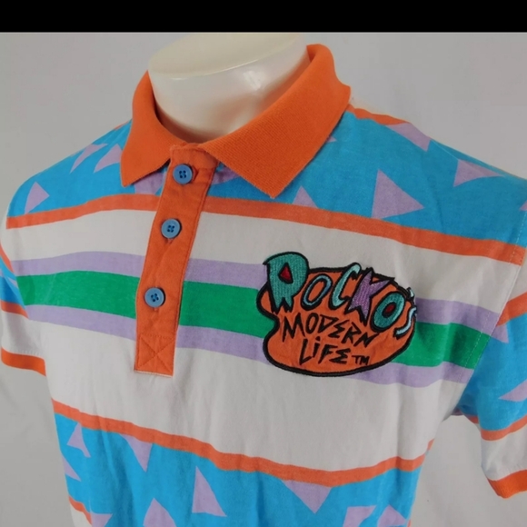 Rocko's Modern Life Kid Striped Polo Golf Shirt Nickelodeon Embroidered Patch Sm - Picture 3 of 6